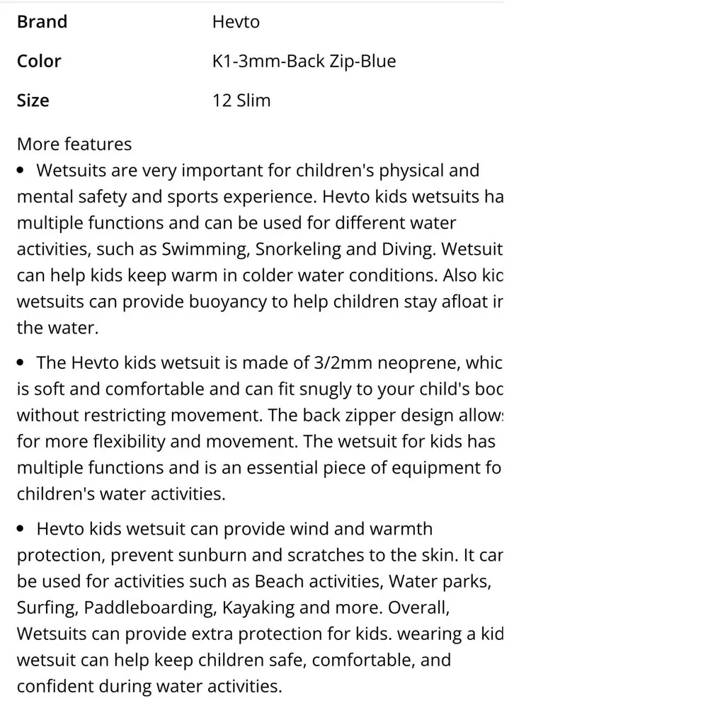 Hevto Kids 3/2mm Neoprene Full Wetsuit Youth Thermal Swimsuit Black Blue 12 Slim